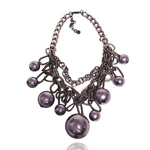 Huge Grey Gunmetal Colored Cascading Faux Pearl Statement Necklace